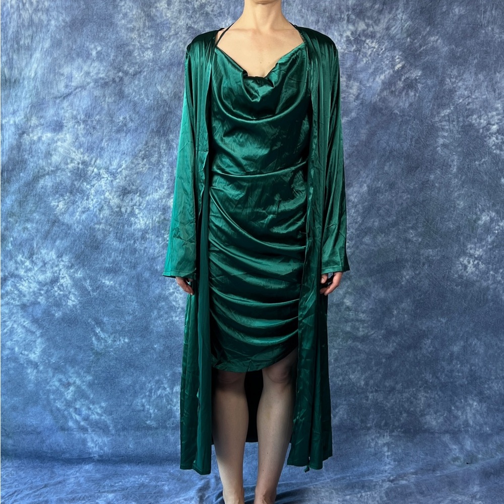 Good Times USA  Green Satin Asymmetrical Dress with Matching Duster Sz L
